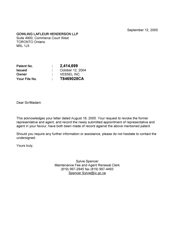 Canadian Patent Document 2414699. Correspondence 20050912. Image 1 of 1