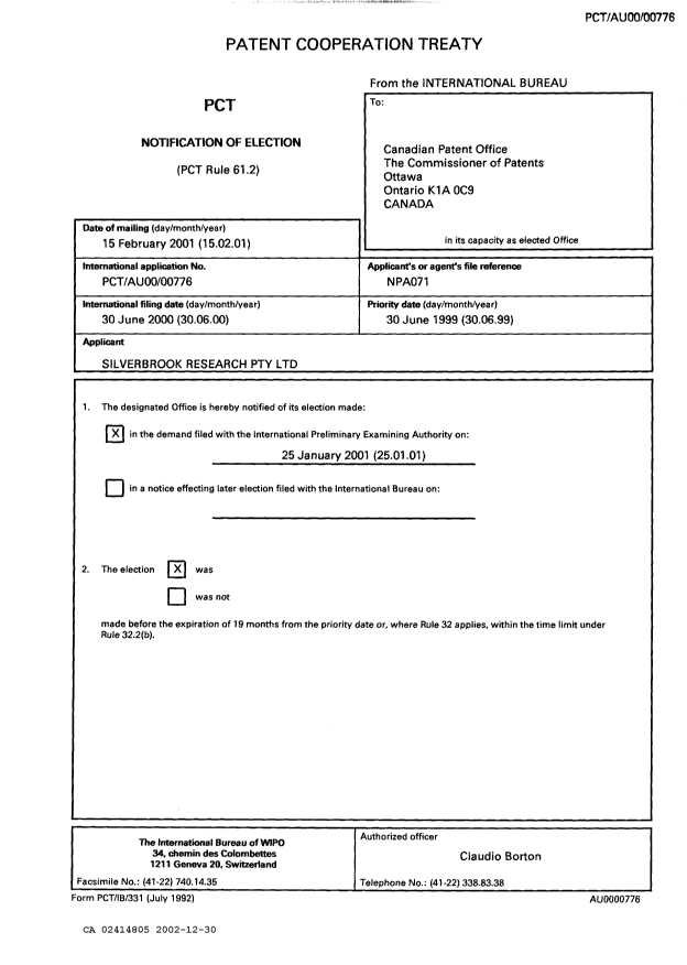 Document de brevet canadien 2414805. PCT 20021230. Image 1 de 7
