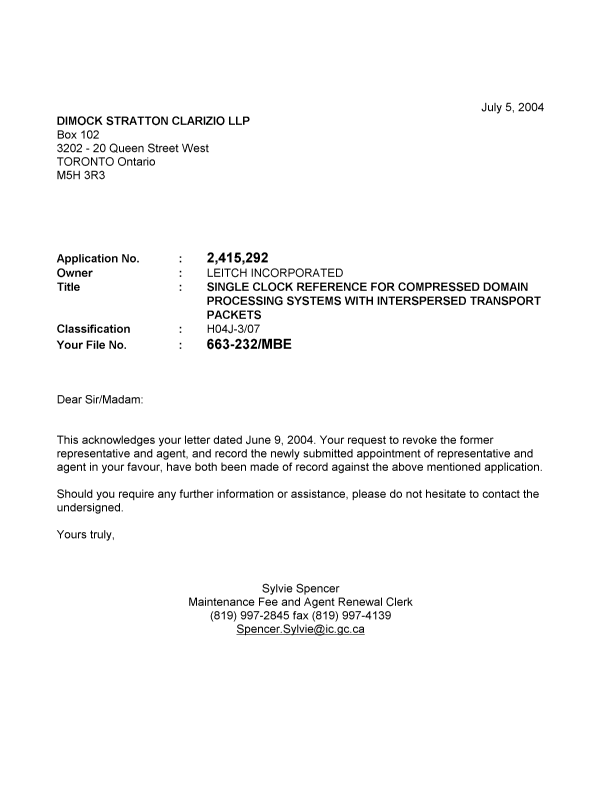 Document de brevet canadien 2415292. Correspondance 20040705. Image 1 de 1