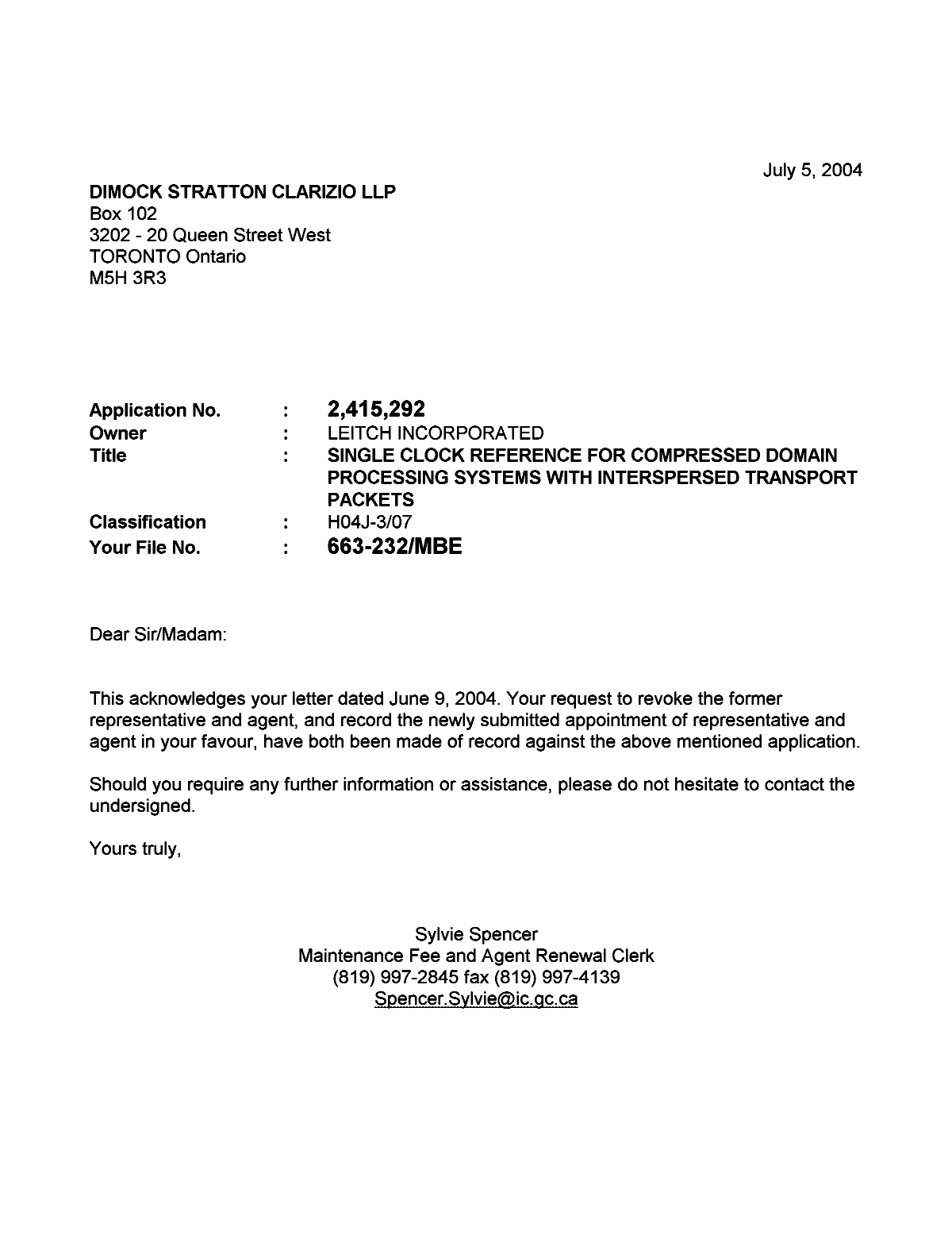 Canadian Patent Document 2415292. Correspondence 20040705. Image 1 of 1