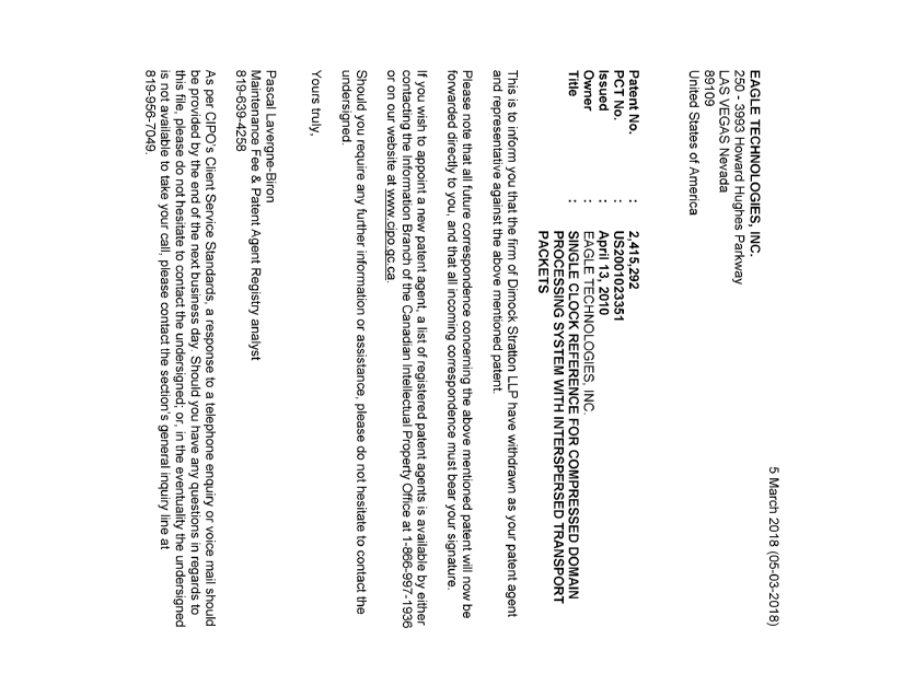 Document de brevet canadien 2415292. Lettre du bureau 20180305. Image 1 de 1