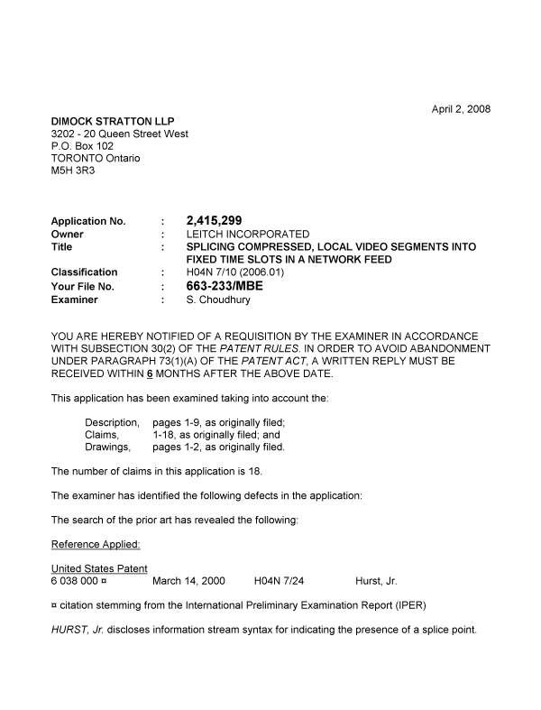 Document de brevet canadien 2415299. Poursuite-Amendment 20080402. Image 1 de 2