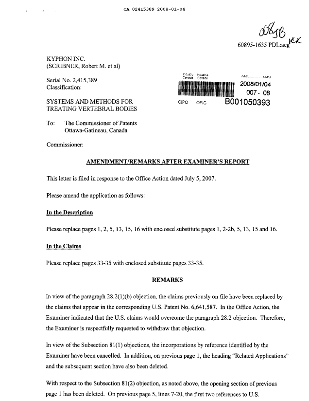 Canadian Patent Document 2415389. Prosecution-Amendment 20071204. Image 1 of 13