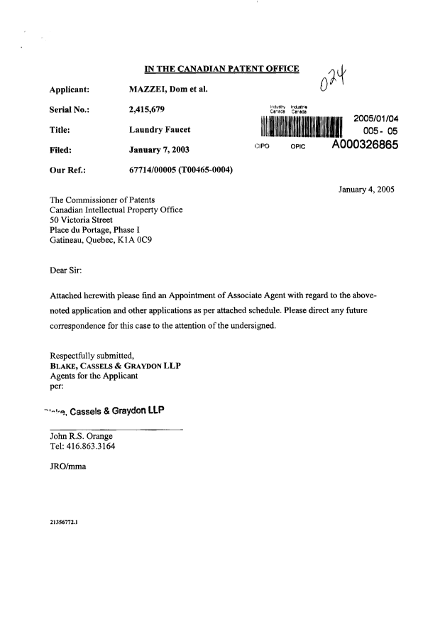 Canadian Patent Document 2415679. Correspondence 20050104. Image 1 of 2