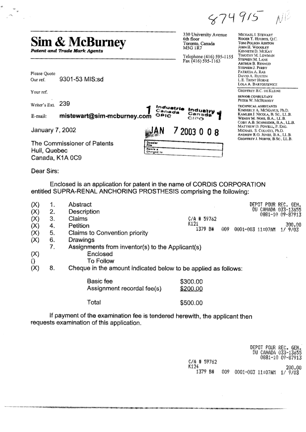 Document de brevet canadien 2415735. Cession 20030107. Image 1 de 14
