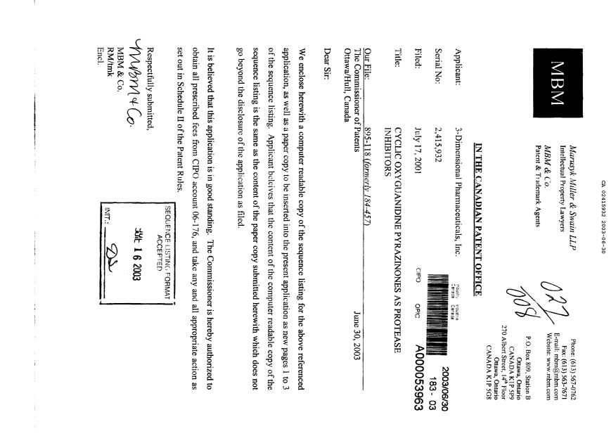Canadian Patent Document 2415932. Prosecution-Amendment 20030630. Image 1 of 4