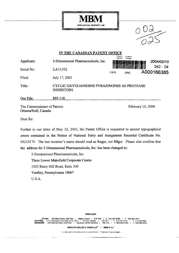 Document de brevet canadien 2415932. Correspondance 20040210. Image 1 de 3