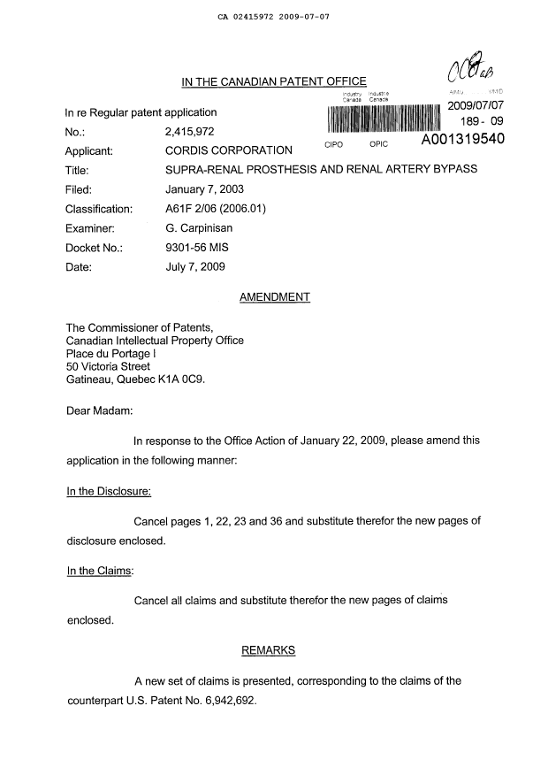 Canadian Patent Document 2415972. Prosecution-Amendment 20090707. Image 1 of 9