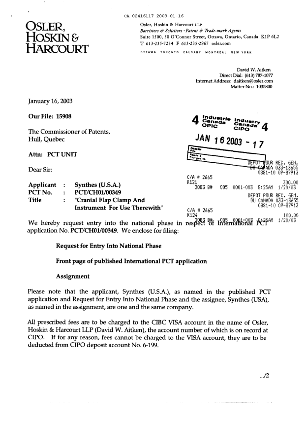 Document de brevet canadien 2416117. Cession 20030116. Image 1 de 11