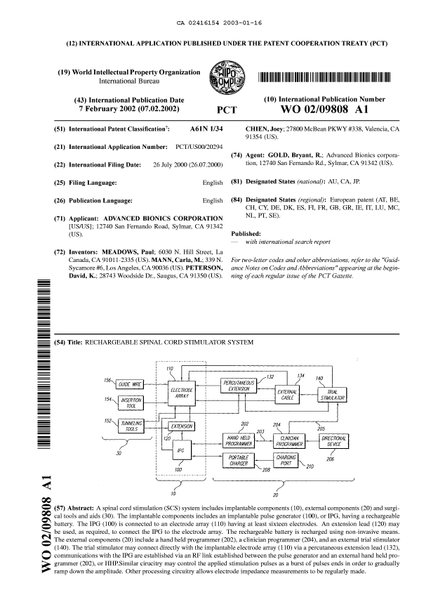 Document de brevet canadien 2416154. Abrégé 20030116. Image 1 de 1