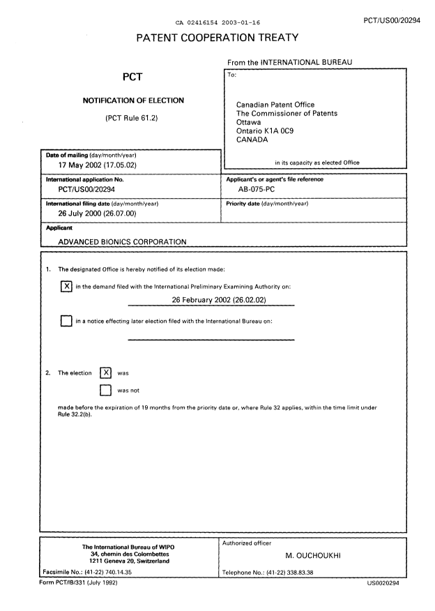 Document de brevet canadien 2416154. PCT 20030116. Image 1 de 6