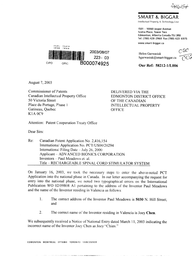 Document de brevet canadien 2416154. Correspondance 20030807. Image 1 de 2
