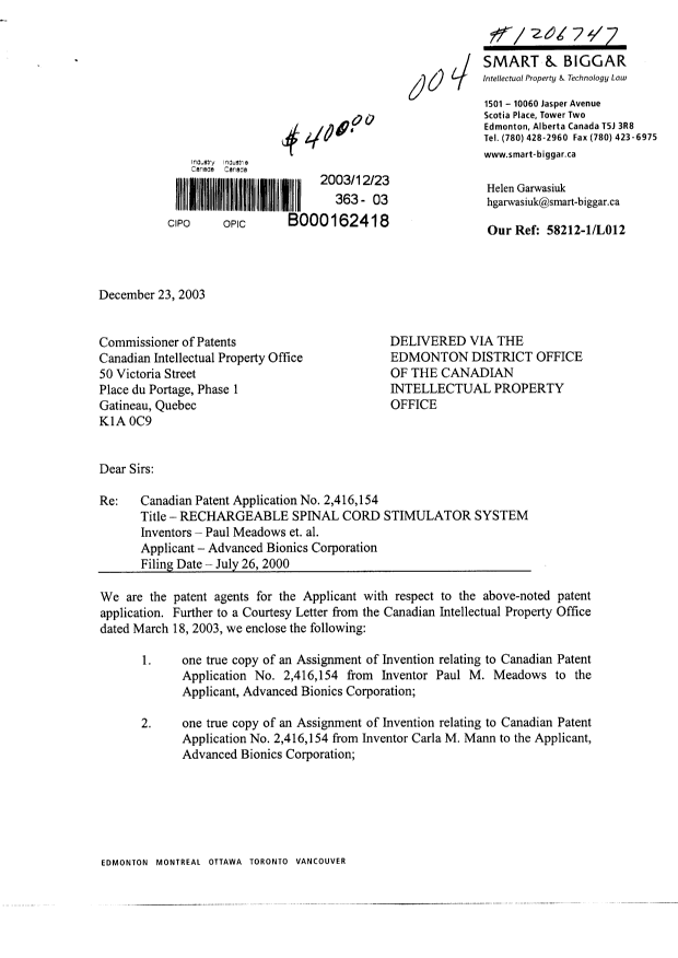 Document de brevet canadien 2416154. Cession 20031223. Image 1 de 6