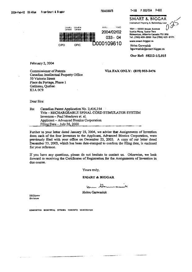Document de brevet canadien 2416154. Cession 20040202. Image 1 de 4