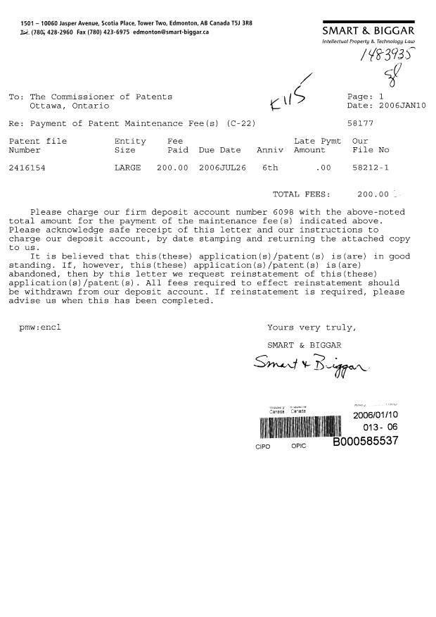 Canadian Patent Document 2416154. Fees 20060110. Image 1 of 1
