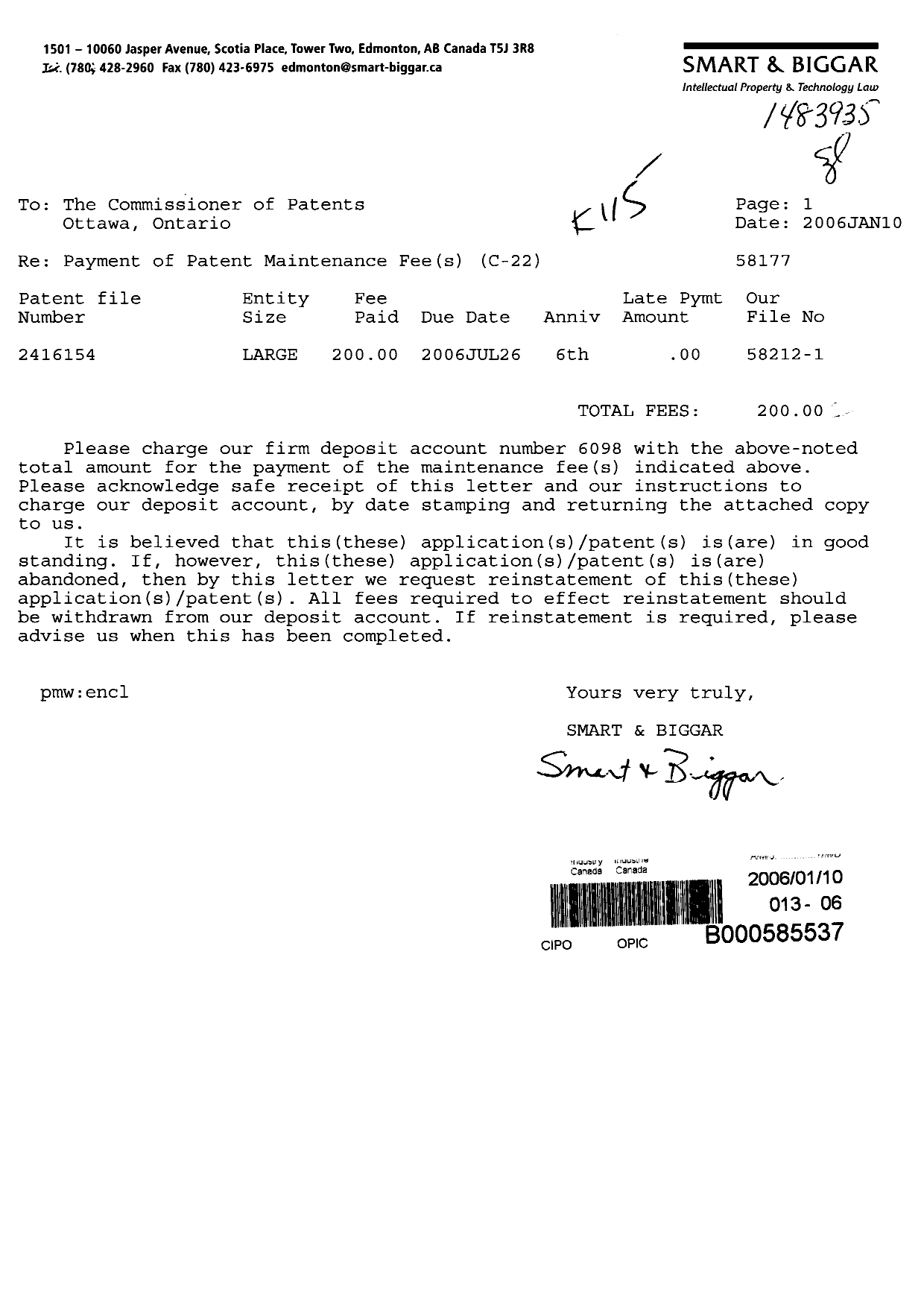 Canadian Patent Document 2416154. Fees 20060110. Image 1 of 1