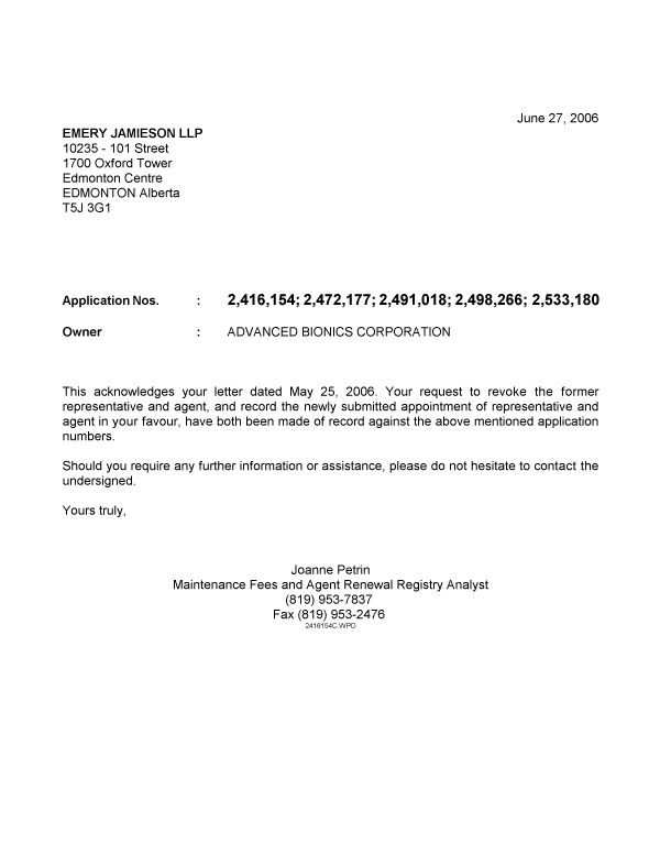 Document de brevet canadien 2416154. Correspondance 20060627. Image 1 de 1