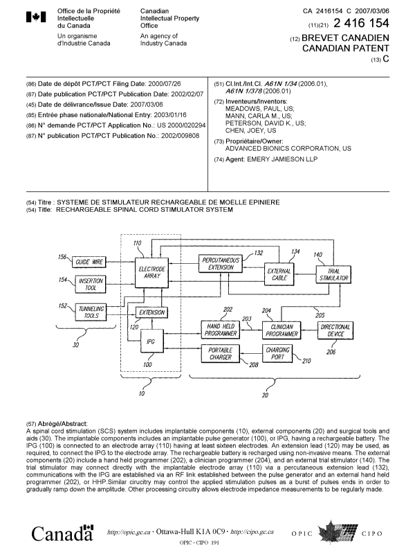 Document de brevet canadien 2416154. Page couverture 20070207. Image 1 de 1
