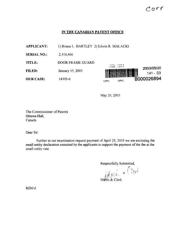 Document de brevet canadien 2416466. Correspondance 20030520. Image 1 de 2