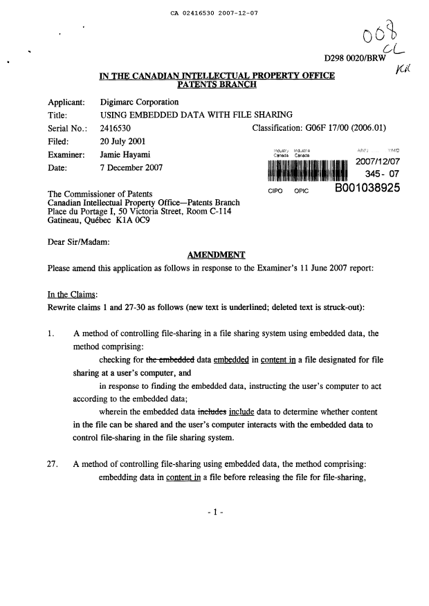 Document de brevet canadien 2416530. Poursuite-Amendment 20071207. Image 1 de 8