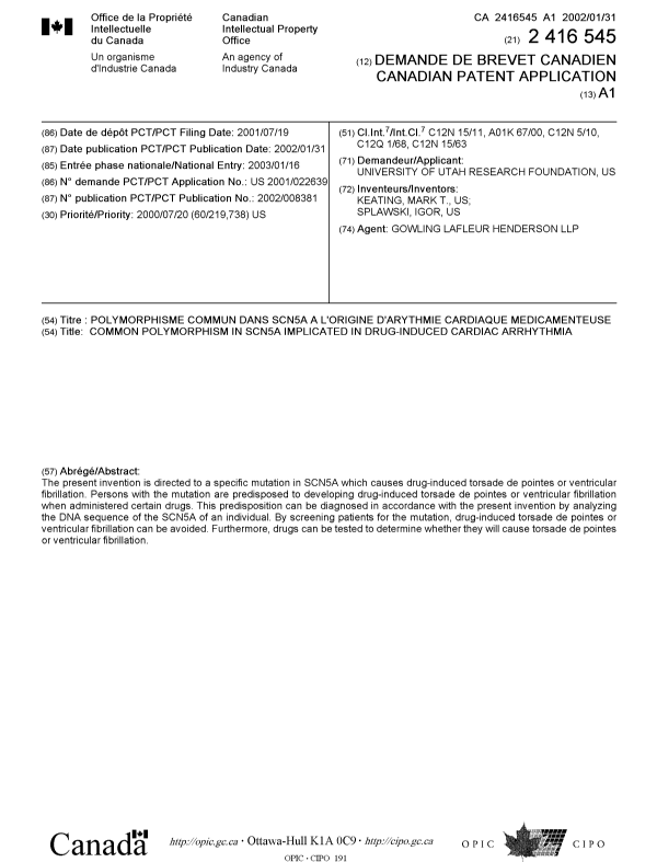 Document de brevet canadien 2416545. Page couverture 20021205. Image 1 de 1