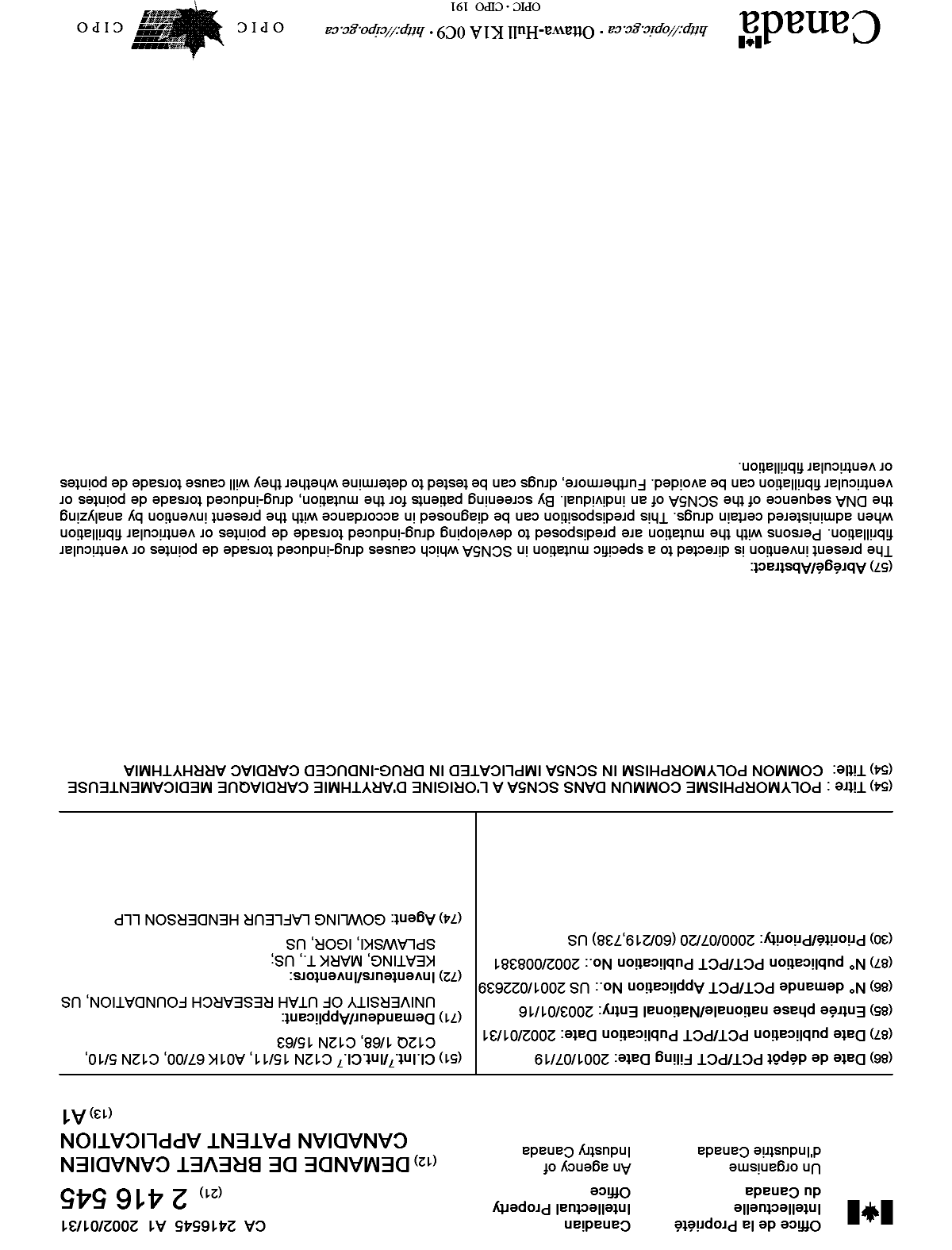 Document de brevet canadien 2416545. Page couverture 20021205. Image 1 de 1