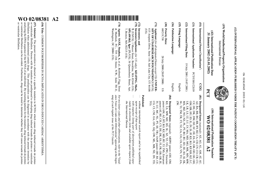 Document de brevet canadien 2416545. Abrégé 20021216. Image 1 de 1