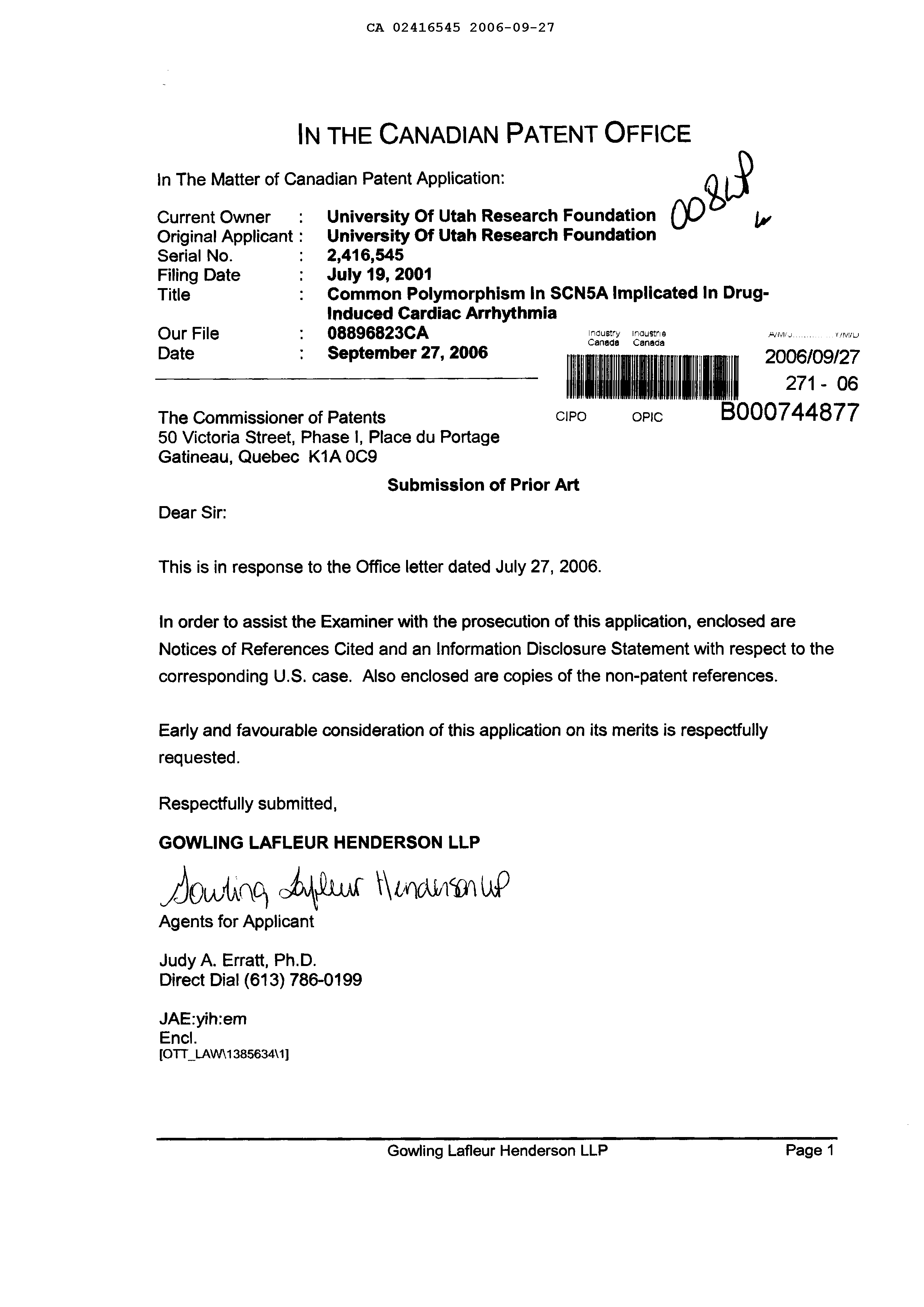 Document de brevet canadien 2416545. Poursuite-Amendment 20051227. Image 1 de 1