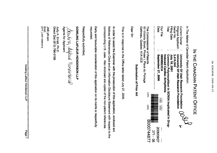 Canadian Patent Document 2416545. Prosecution-Amendment 20051227. Image 1 of 1