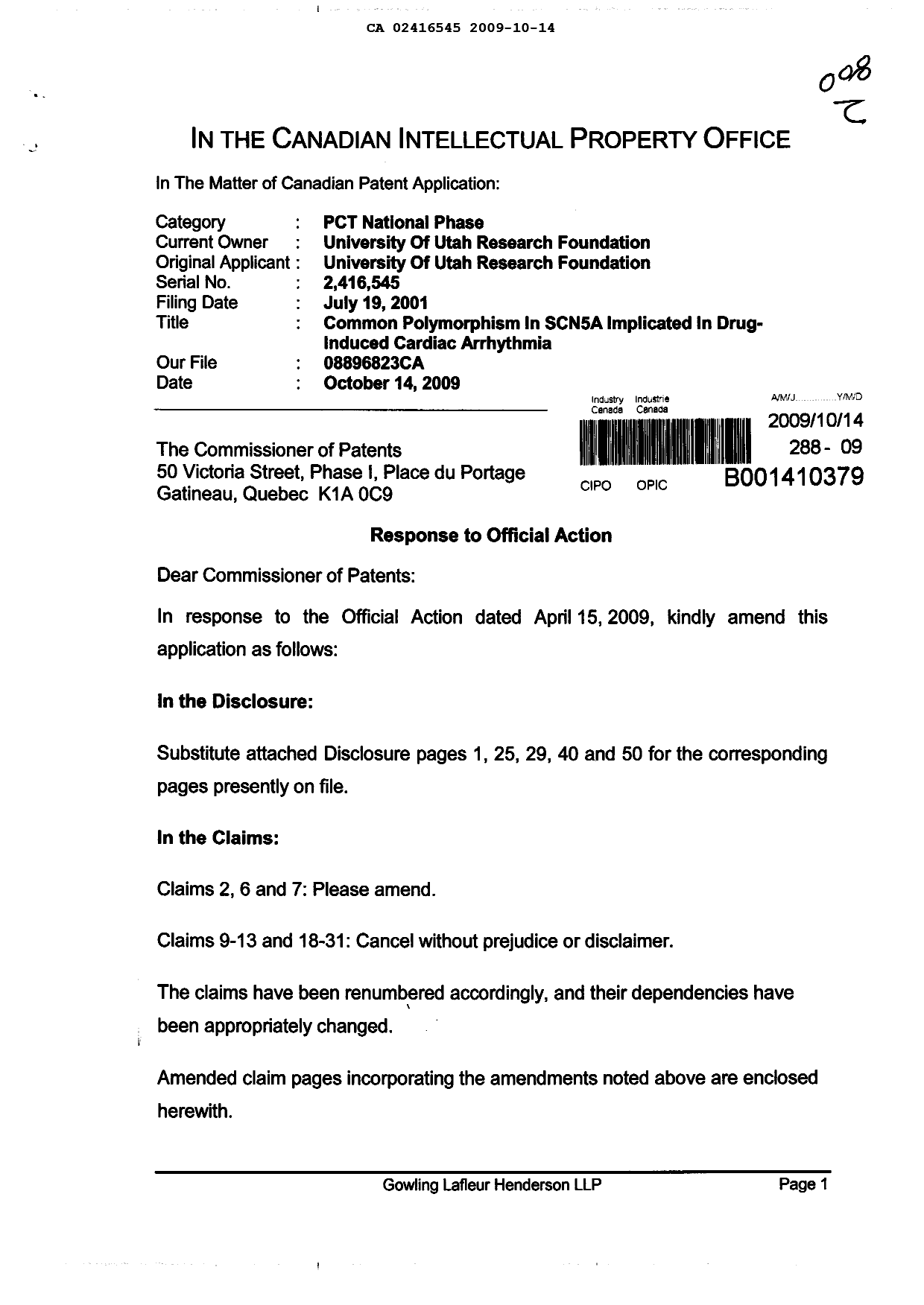 Canadian Patent Document 2416545. Prosecution-Amendment 20081214. Image 1 of 13