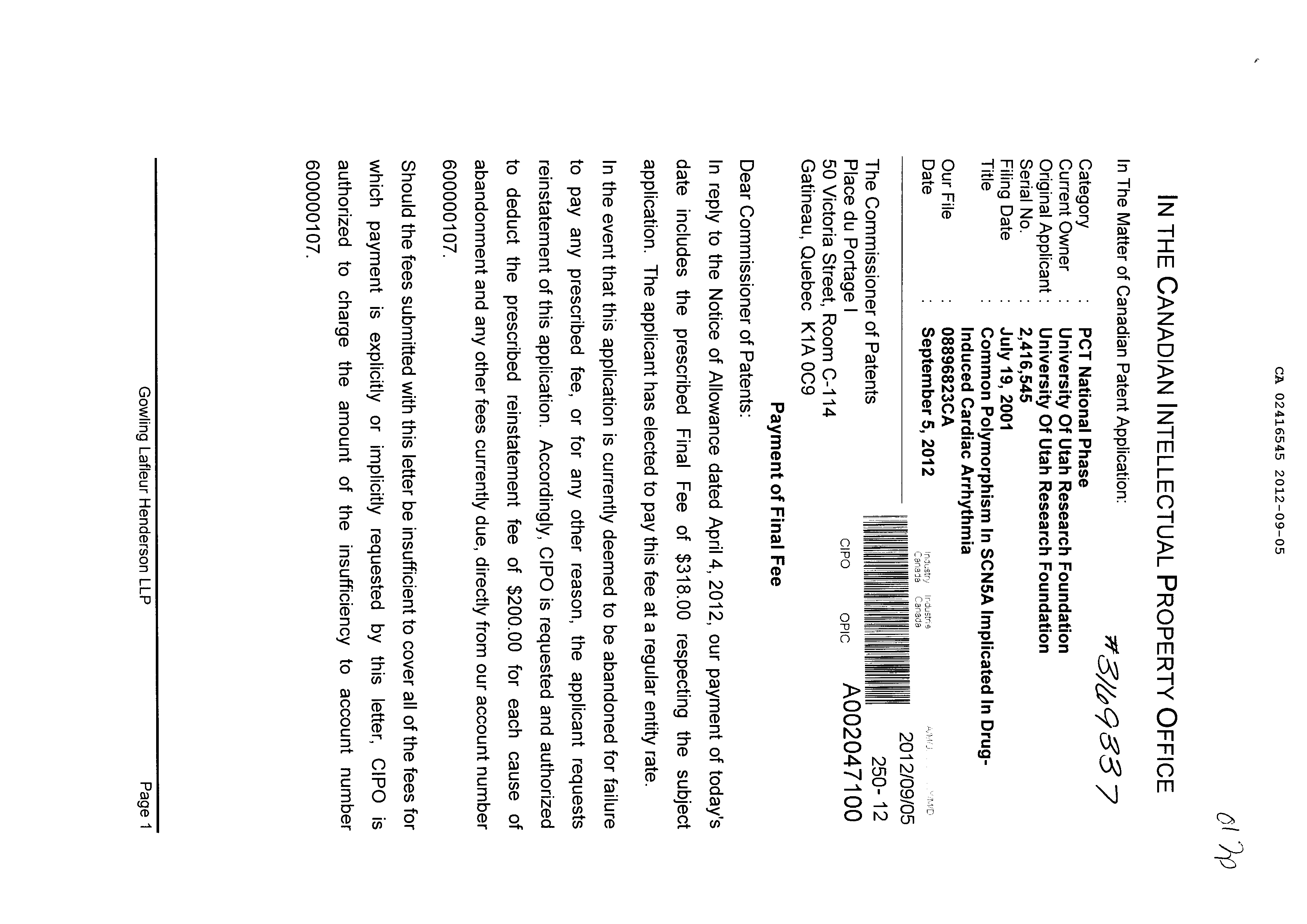 Document de brevet canadien 2416545. Correspondance 20111205. Image 1 de 2