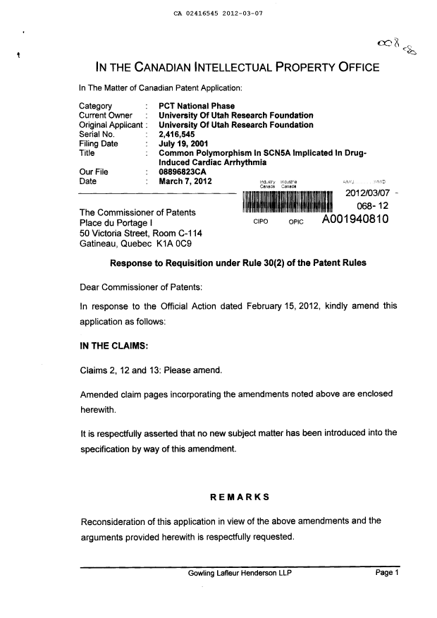 Document de brevet canadien 2416545. Poursuite-Amendment 20111207. Image 1 de 4