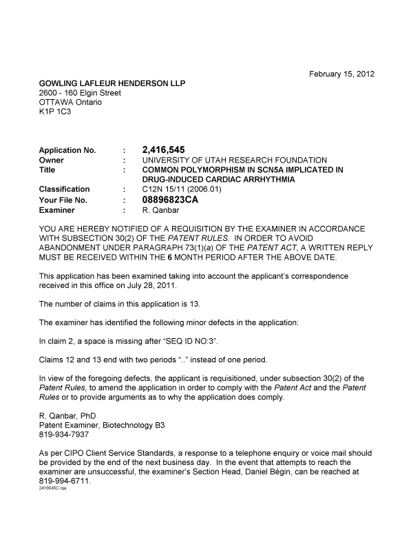 Document de brevet canadien 2416545. Poursuite-Amendment 20111215. Image 1 de 1