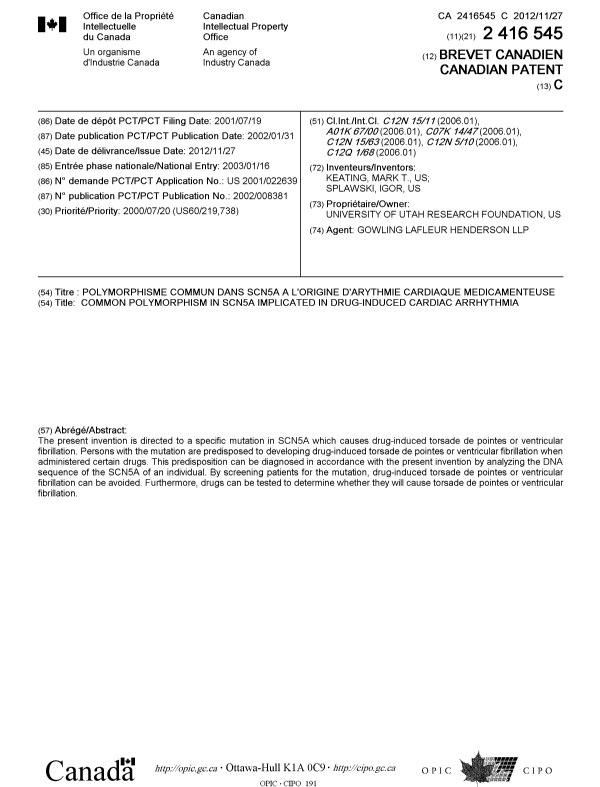 Canadian Patent Document 2416545. Cover Page 20111231. Image 1 of 1