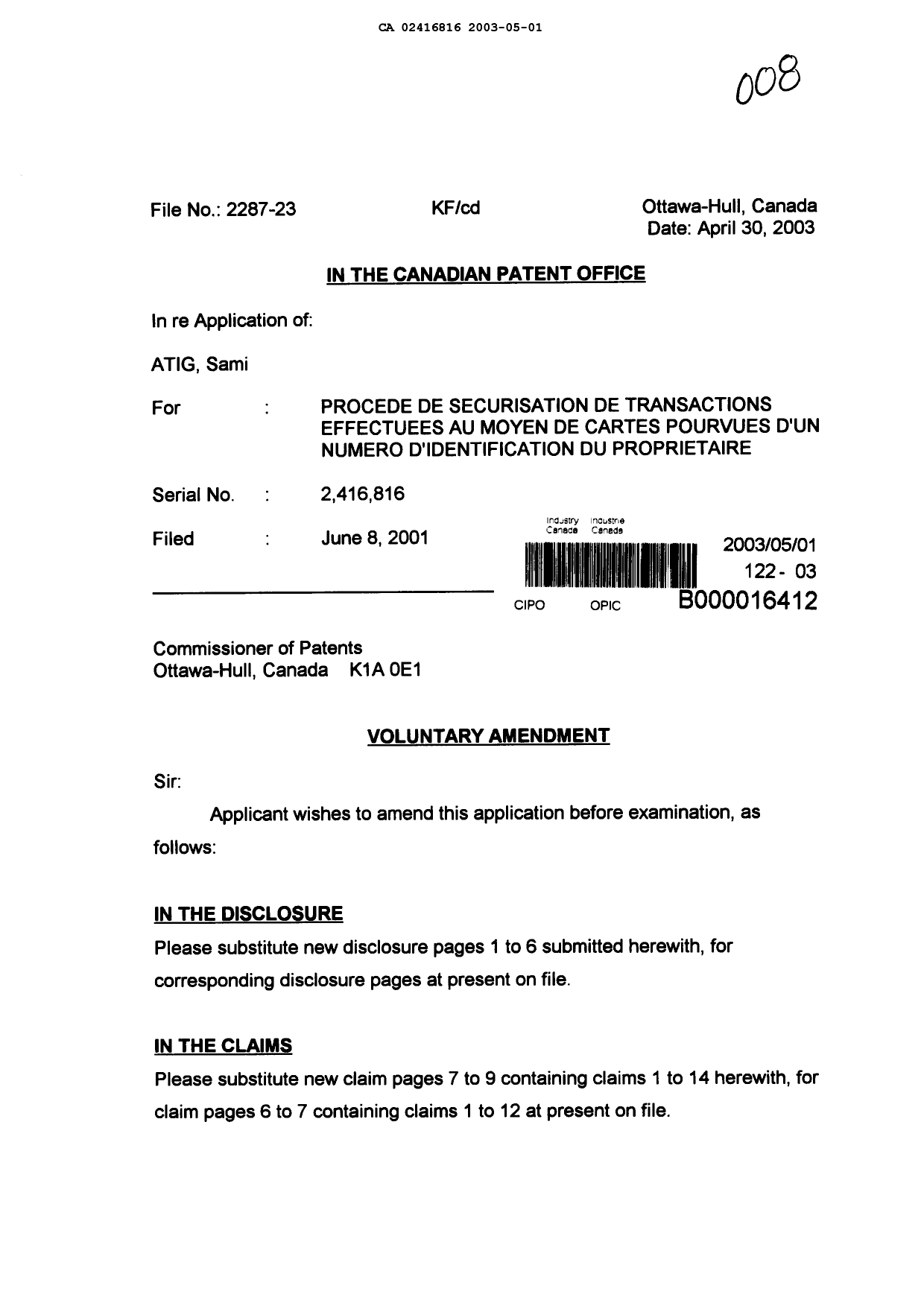 Canadian Patent Document 2416816. Prosecution-Amendment 20021201. Image 1 of 14