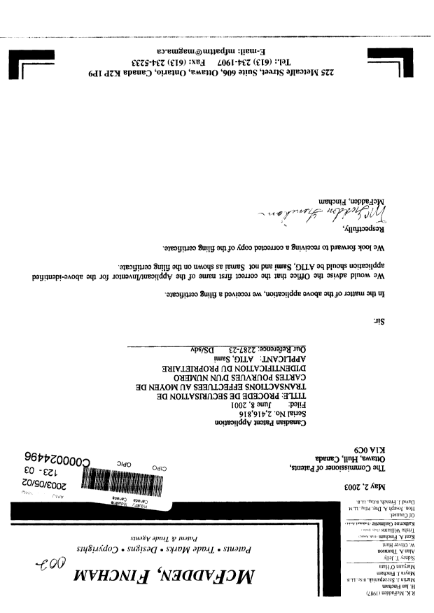 Canadian Patent Document 2416816. Correspondence 20021202. Image 1 of 1