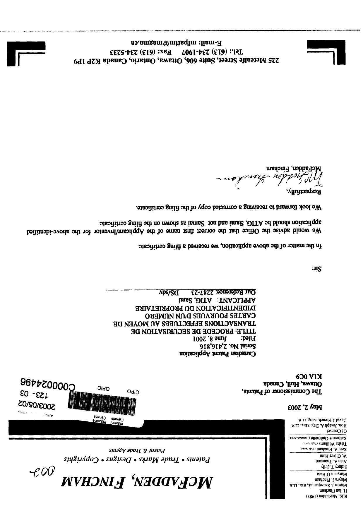 Canadian Patent Document 2416816. Correspondence 20021202. Image 1 of 1