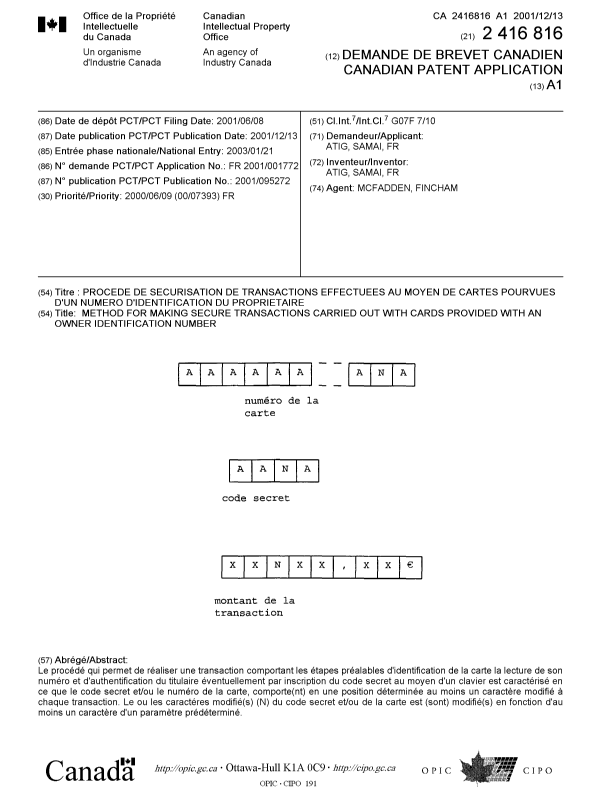 Document de brevet canadien 2416816. Page couverture 20021224. Image 1 de 1