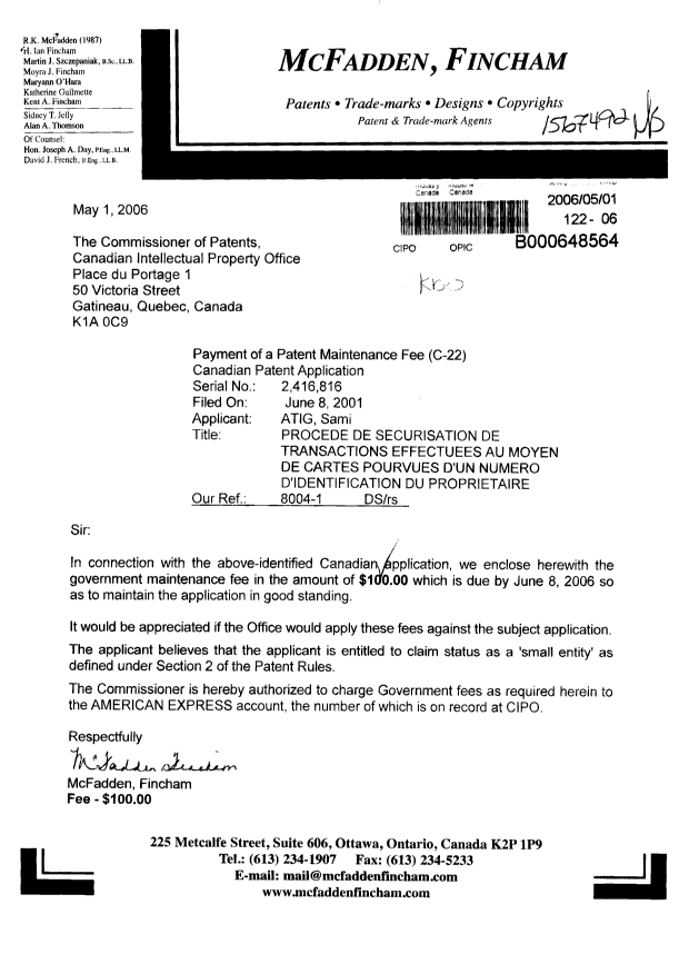 Document de brevet canadien 2416816. Taxes 20051201. Image 1 de 1