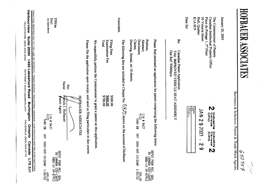 Document de brevet canadien 2417003. Cession 20030129. Image 1 de 4