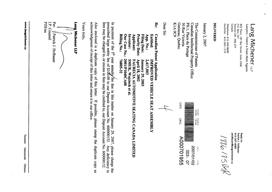 Canadian Patent Document 2417003. Fees 20061202. Image 1 of 1