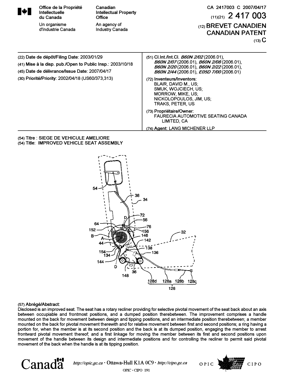 Canadian Patent Document 2417003. Cover Page 20061202. Image 1 of 1