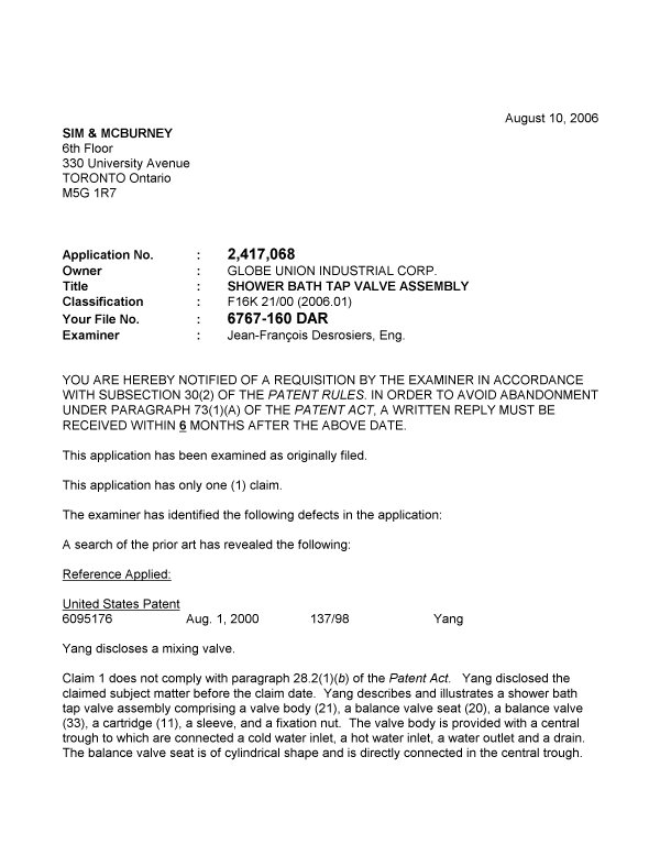 Document de brevet canadien 2417068. Poursuite-Amendment 20060810. Image 1 de 2