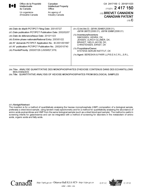 Canadian Patent Document 2417150. Cover Page 20101102. Image 1 of 1