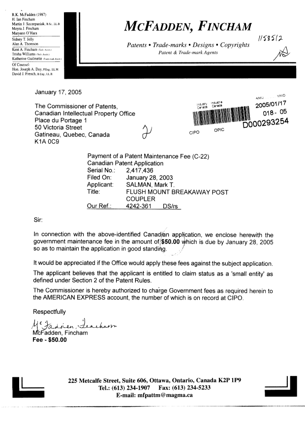 Document de brevet canadien 2417436. Taxes 20050117. Image 1 de 1