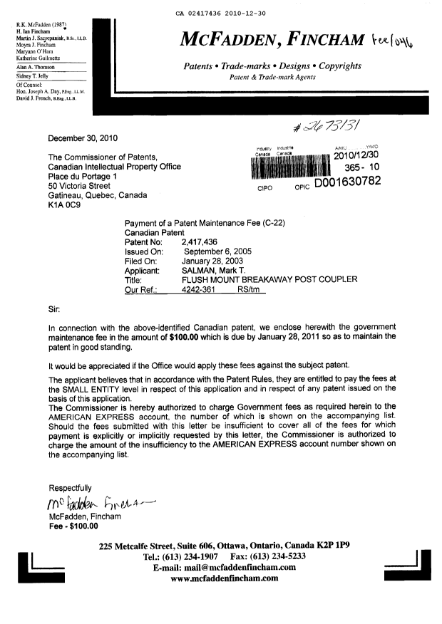Document de brevet canadien 2417436. Taxes 20101230. Image 1 de 1