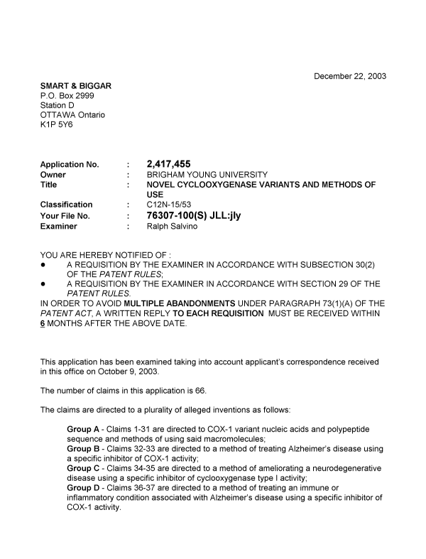Canadian Patent Document 2417455. Prosecution-Amendment 20031222. Image 1 of 8