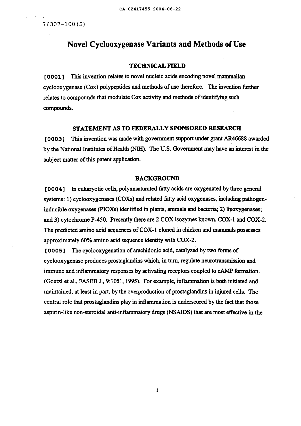 Document de brevet canadien 2417455. Description 20040622. Image 1 de 163