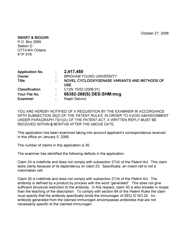 Document de brevet canadien 2417455. Poursuite-Amendment 20061027. Image 1 de 2