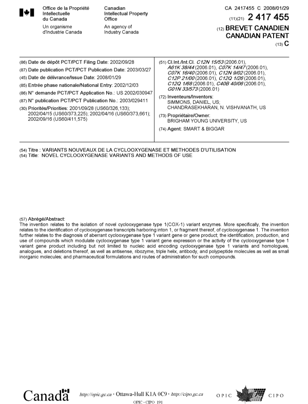 Canadian Patent Document 2417455. Cover Page 20080111. Image 1 of 1